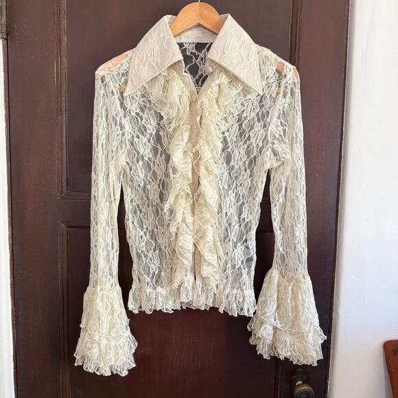 Roadkill Tops - Roadkill Cream Lace Romantic Ruffle Front Ruffle Sleeves Blouse Small Victorian